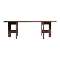 Dark brown wooden table with a minimalist design and clean lines, showcasing a sleek and modern aesthetic.