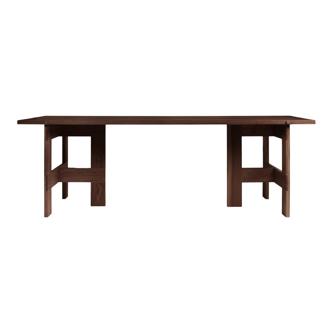 Dark brown wooden table with a minimalist design and smooth finish. Perfect for modern home decor.