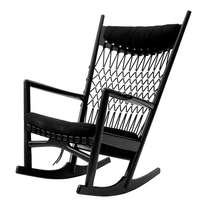 Black wooden rocking chair with a sleek woven pattern and a soft, cushioned seat. Ideal for modern decor.
