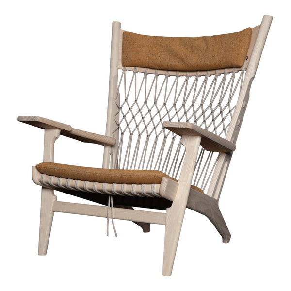 Light beige wooden armchair with dark tan cushion and netted backrest pattern. Modern and minimalist design.
