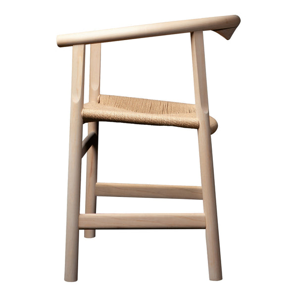 Natural wood chair with a minimalist design and woven beige seat, featuring clean lines and light tones.