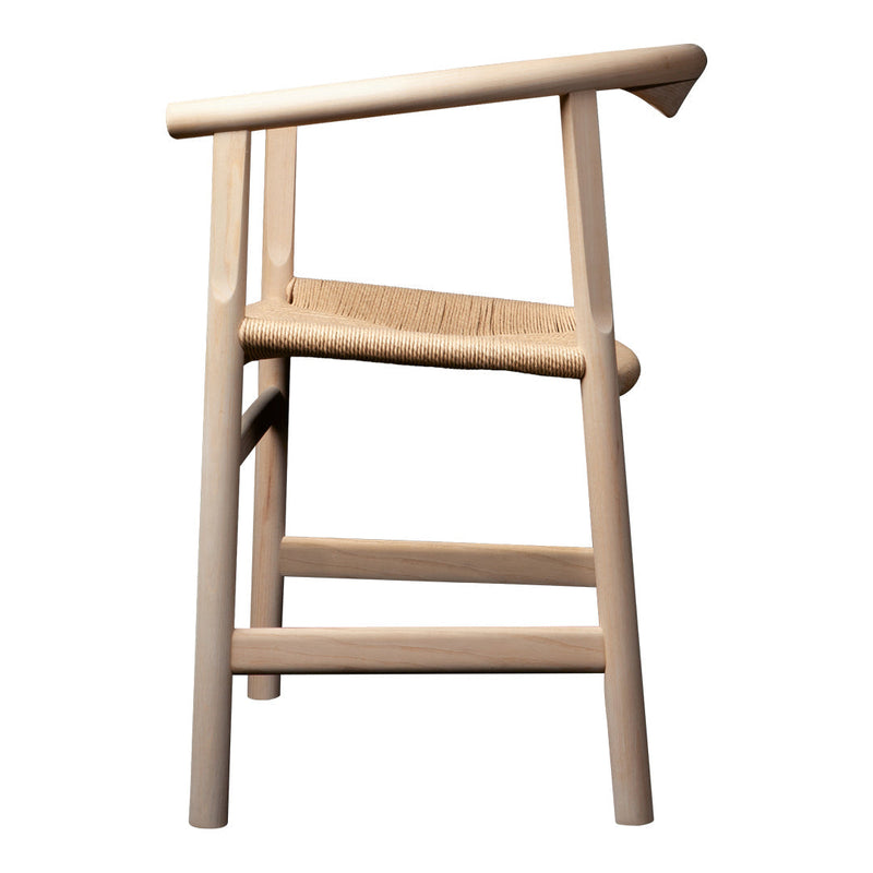 Natural wood chair with a minimalist design and woven beige seat, featuring clean lines and light tones.