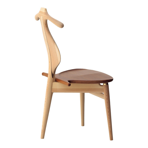 Natural wood chair featuring a light maple finish with a rich walnut seat and elegant curved lines, highlighting modern design.