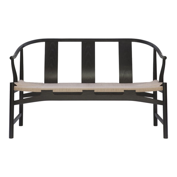 Black wooden bench with a sleek, minimalist design and a beige woven seat, showcasing a modern and timeless aesthetic.