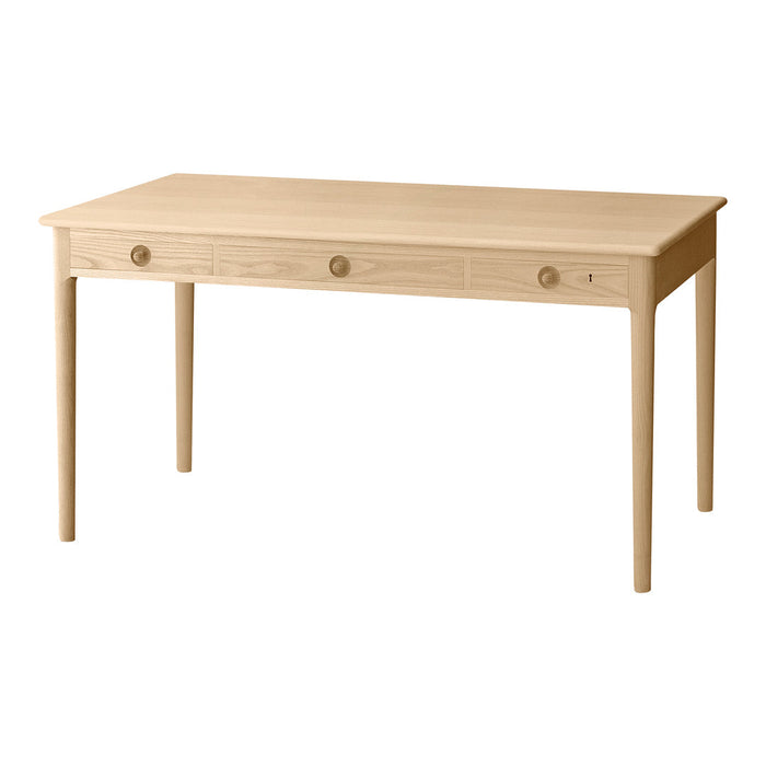 Light natural wood desk with a smooth finish and simple, classic design featuring three drawers.