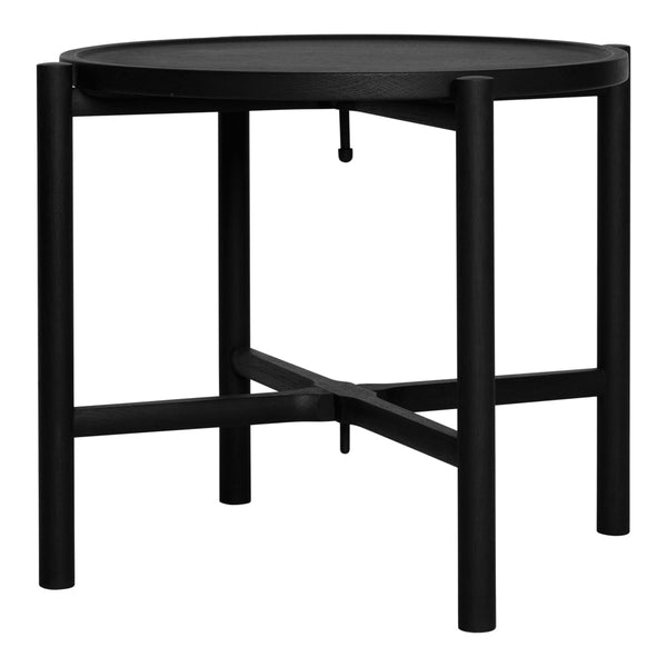 Black round side table with a smooth surface and minimalist design, featuring straight legs and a crossbar pattern.