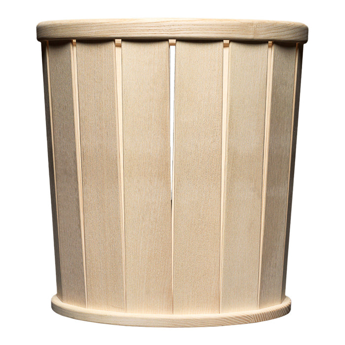Natural wood wastebasket with vertical slats, featuring a light beige finish and a simple, rustic design.