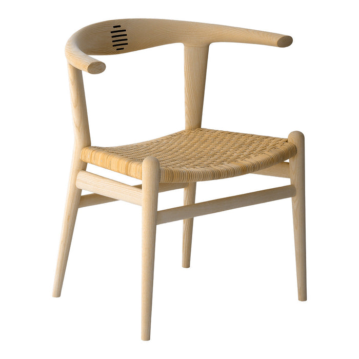 Natural wood chair with a light beige finish and woven straw seat, showcasing minimalistic design and subtle texture.