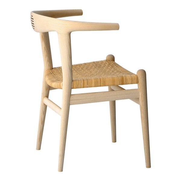 Natural wood chair with a woven straw seat, featuring minimalist design and light beige tones.