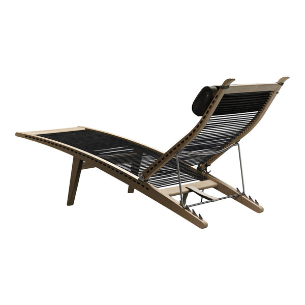 Black and wood-toned lounging chair with sleek lines and a modern design, perfect for stylish relaxation.