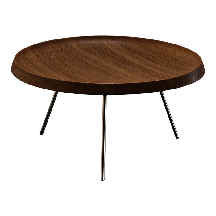 Round wooden coffee table with a sleek walnut finish and minimalist black metal legs. Elegant, modern design.