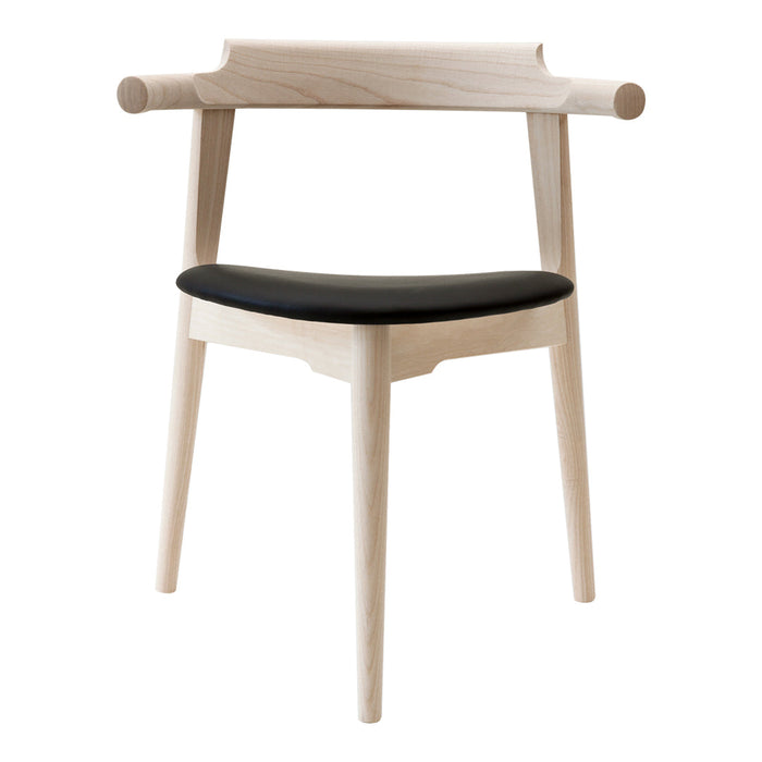 Light wood chair with a minimalist design, featuring a sleek black seat and smooth, natural wood grain accents.