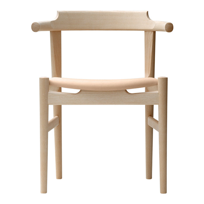 Natural wood chair with a smooth, minimalistic design and soft beige seat, featuring clean lines and subtle curves.