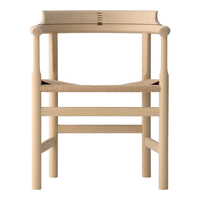 Beige wooden chair with a woven seat and minimalist design, featuring smooth lines and natural textures.