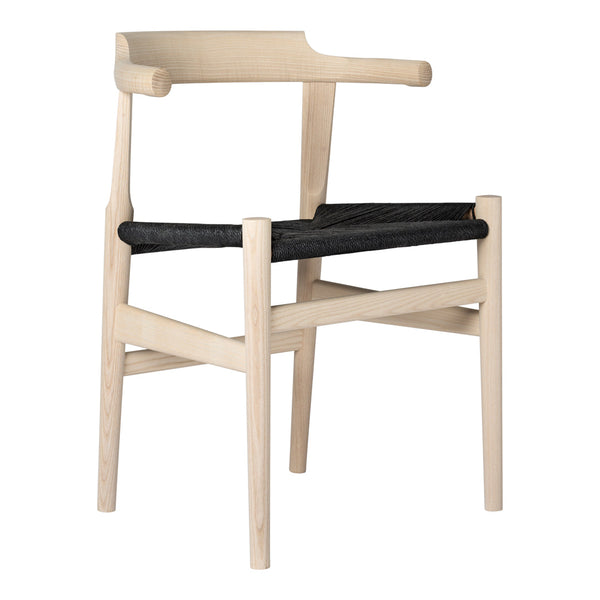 Light wood frame with a black woven seat, showcasing a minimalistic design and contrasting color palette.