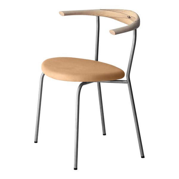 Stylish chair with a natural wood seat and sleek metal legs, featuring minimalist design in warm beige tones.