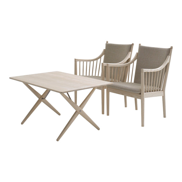 Light beige outdoor table and two matching chairs with a subtle, textured fabric pattern. Perfect for modern patios.