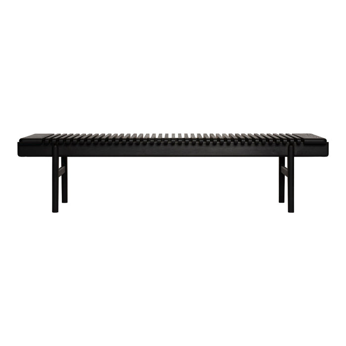 Sleek black bench with a slatted design, featuring a minimalist pattern for a modern look.