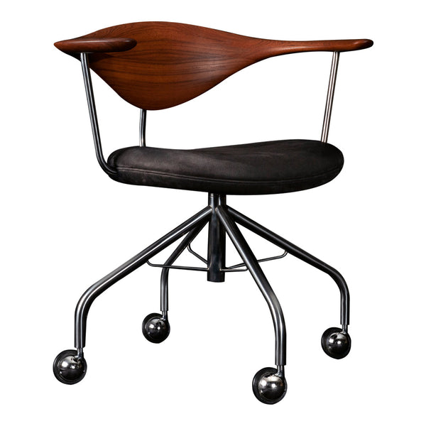 Mid-century modern chair featuring a sleek walnut backrest and black upholstered seat with chrome base and wheels.
