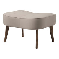 Soft beige upholstered ottoman with tufted design and dark wooden legs, featuring a sleek, contemporary silhouette.