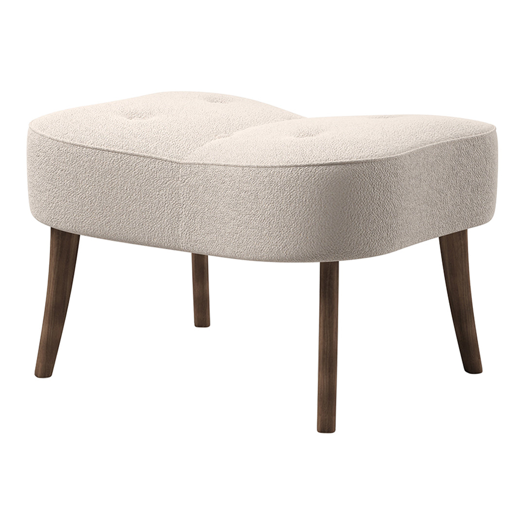 Beige upholstered ottoman with a tufted design and tapered wooden legs. Elegant and versatile for any decor.