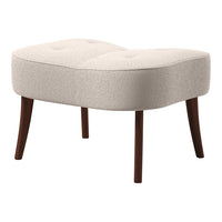Beige upholstered ottoman with tufted design and dark brown wooden legs, perfect for modern decor.