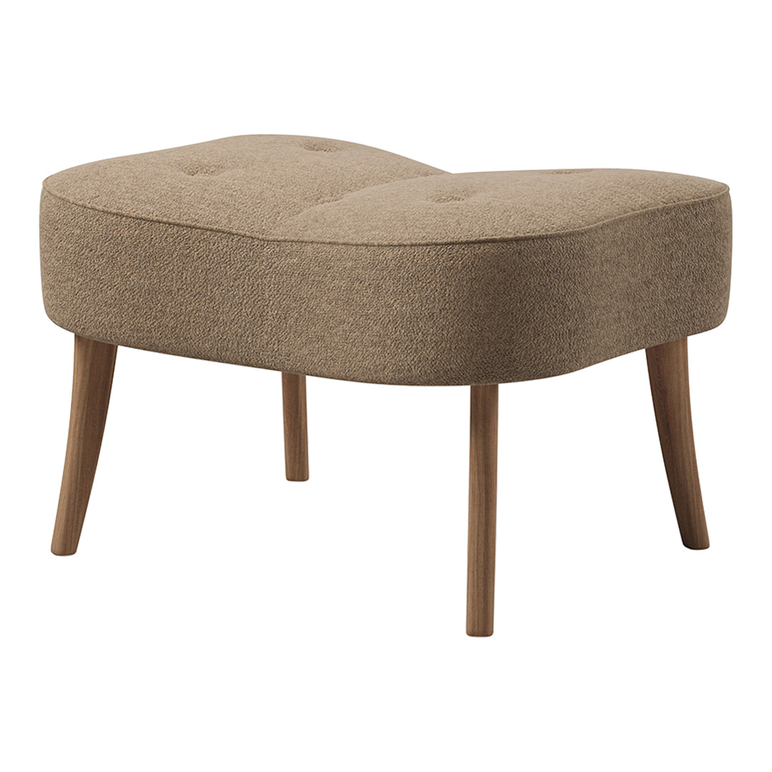 Brown upholstered ottoman with tufted design and wooden legs, featuring a smooth, contemporary shape.
