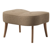 Brown upholstered ottoman with tufted design and wooden legs, featuring a smooth, contemporary shape.