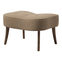 Tan upholstered ottoman with tufted design and wooden legs, featuring a soft, curved silhouette for a cozy touch.