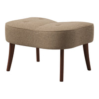 Brown upholstered ottoman with button tufting and wooden legs, featuring a curved, modern shape.