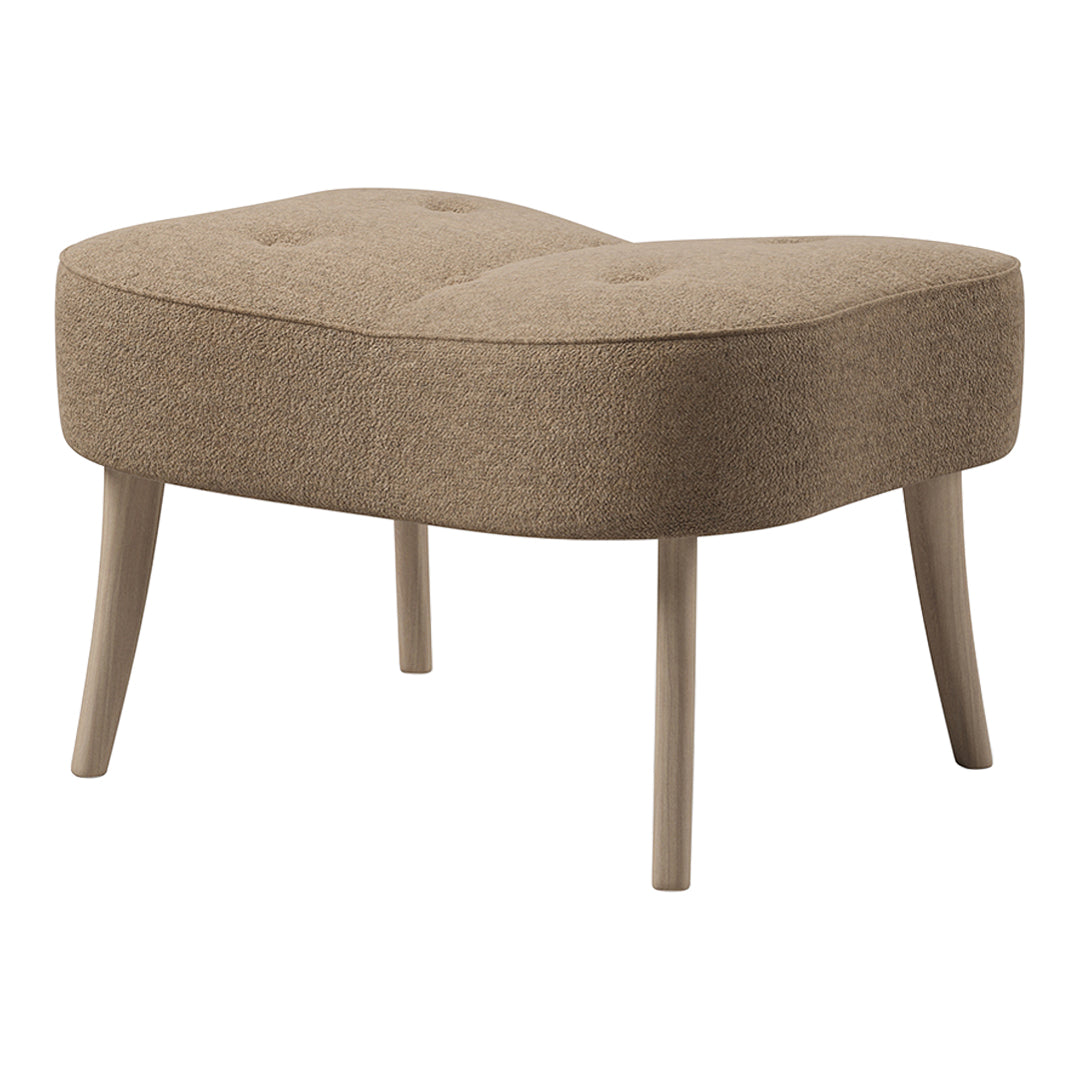 Light brown upholstered ottoman with subtle tufted pattern and natural wooden legs, adding warmth to any space.