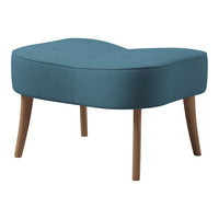 Curved teal ottoman with tufted fabric and wooden legs, perfect for modern home decor.
