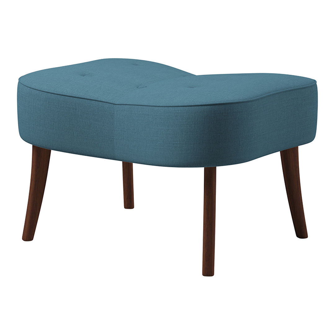 Teal upholstered ottoman with a smooth surface and dark wood legs, featuring a modern, curved design.
