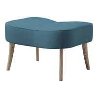 Teal tufted ottoman with a unique curved shape and light wooden legs, perfect for modern decor.