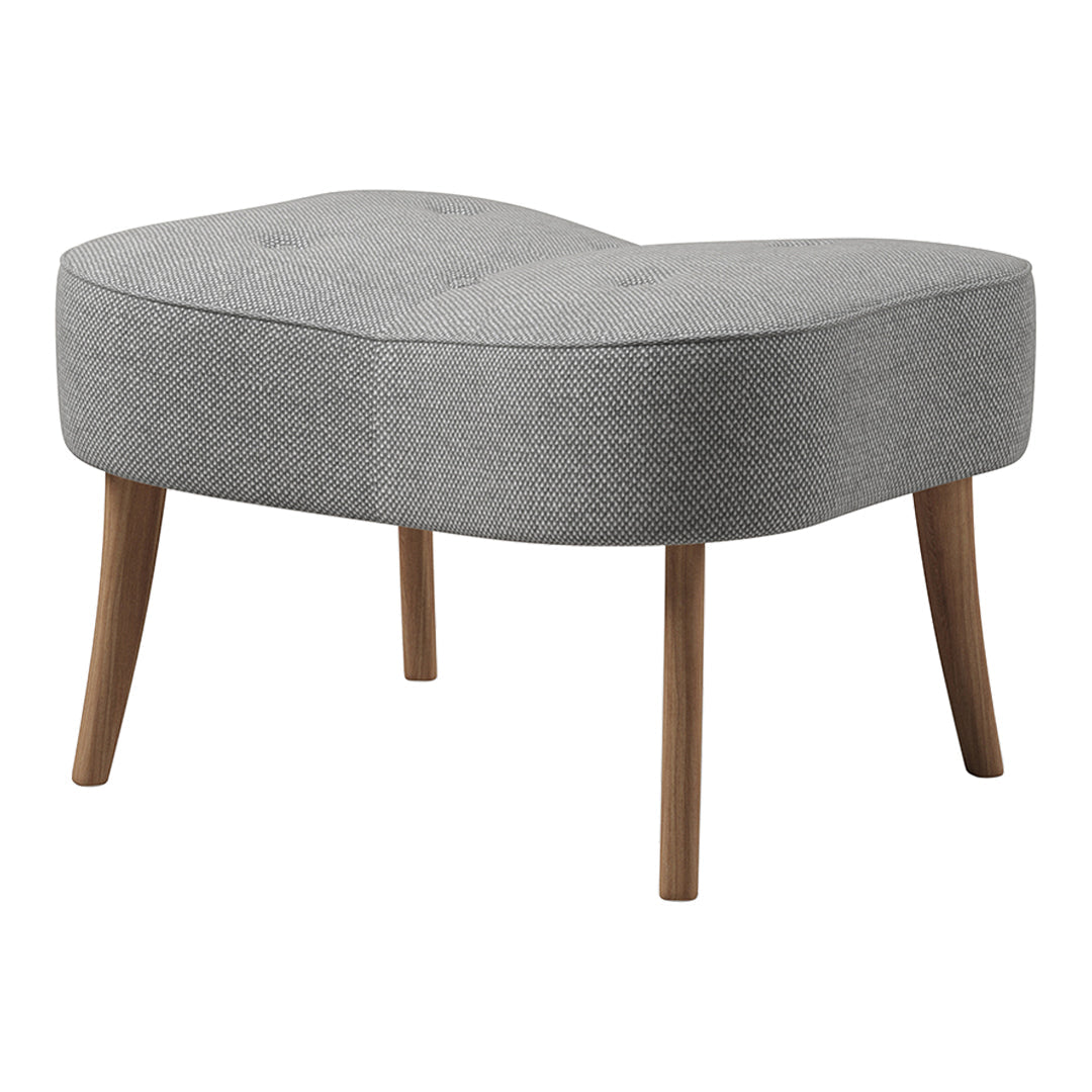 Stylish gray ottoman with a unique curved shape and textured fabric, complemented by wooden legs. Perfect for modern decor.