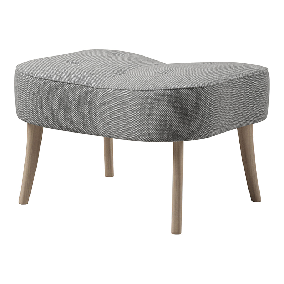 Stylish gray ottoman with a smooth, curved design and a textured fabric finish, featuring natural wood legs.