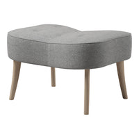 Stylish gray ottoman with a smooth, curved design and a textured fabric finish, featuring natural wood legs.