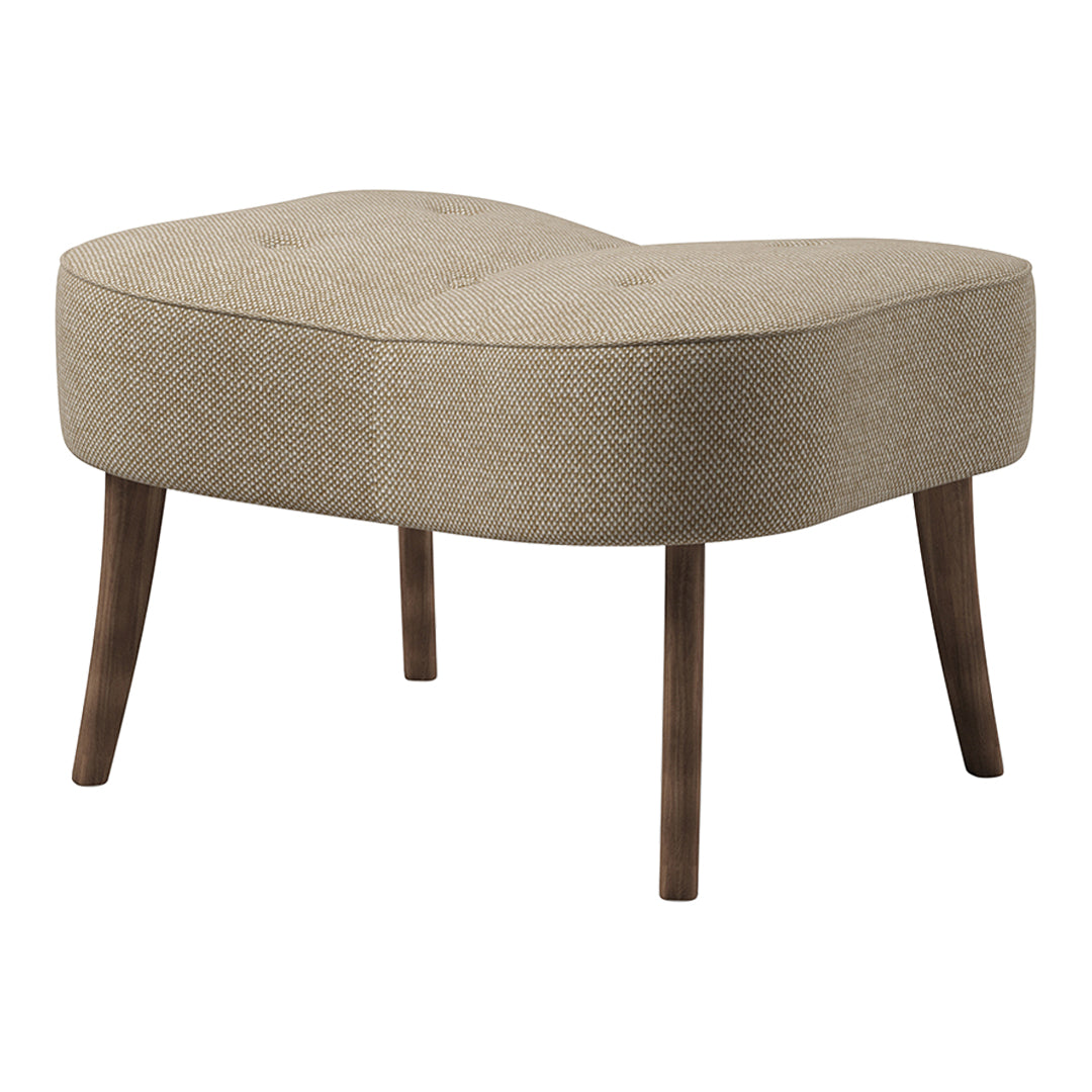 Beige upholstered ottoman with a smooth, curved design and wooden legs, featuring a subtle tufted pattern.