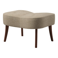 Beige upholstered ottoman with a curved silhouette and wooden legs, featuring a tufted design for added texture.