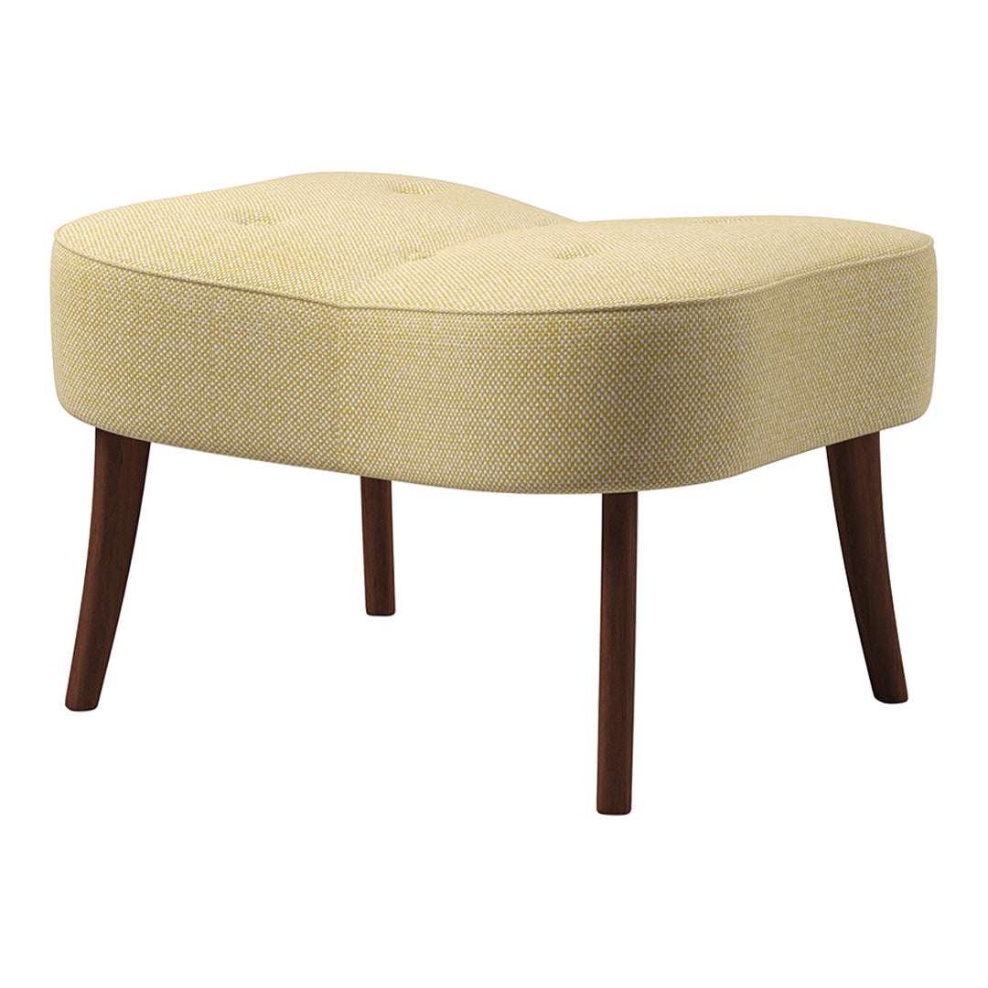 Yellow upholstered ottoman with a tufted design and wooden legs, featuring a chic, modern curved shape.