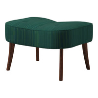 Green striped upholstered ottoman with a modern, curved shape and wooden legs. Perfect for any contemporary space.