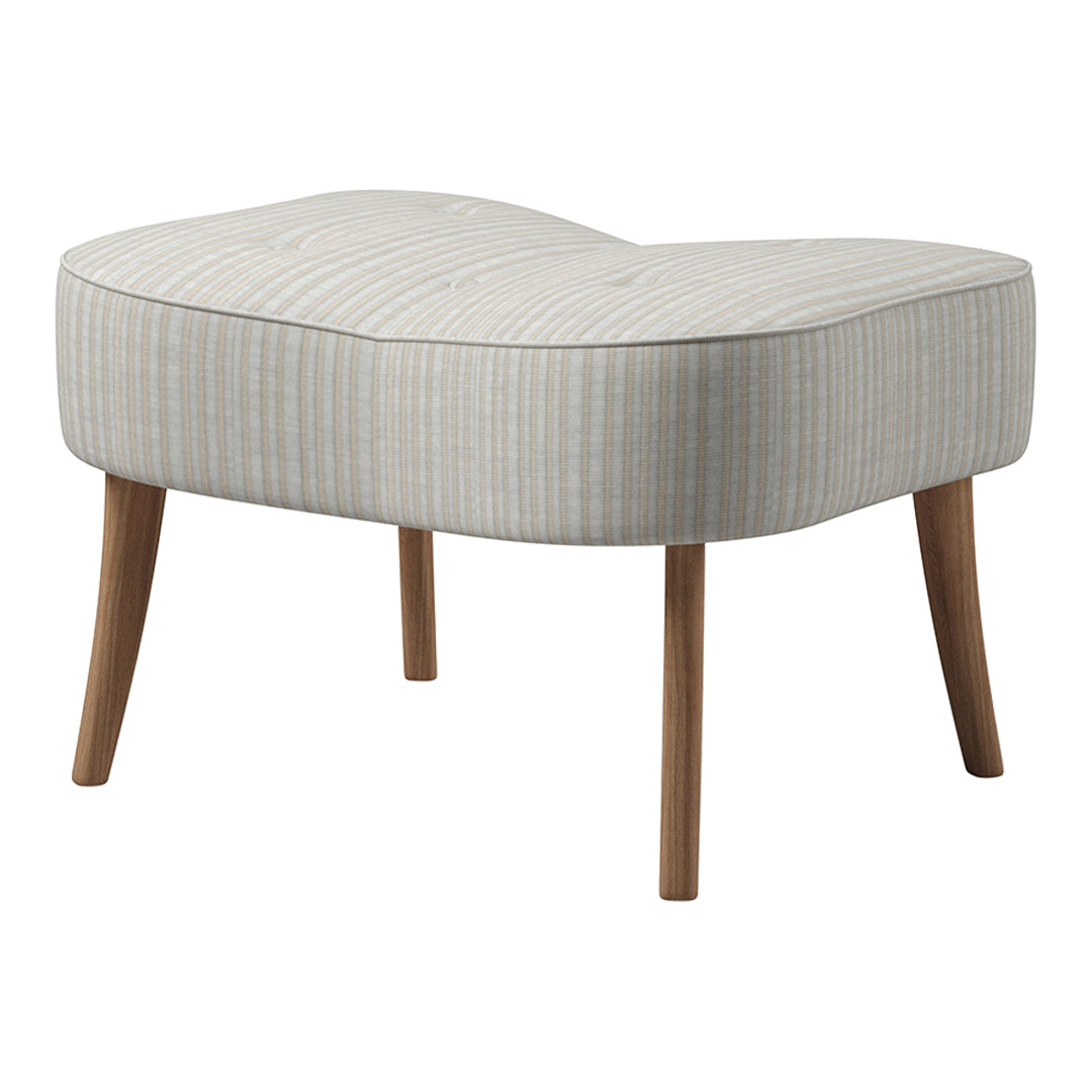 Light gray ottoman with subtle striped pattern and natural wood legs, perfect for a modern living space.