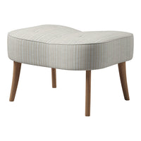 Light gray ottoman with subtle striped pattern and natural wood legs, perfect for a modern living space.