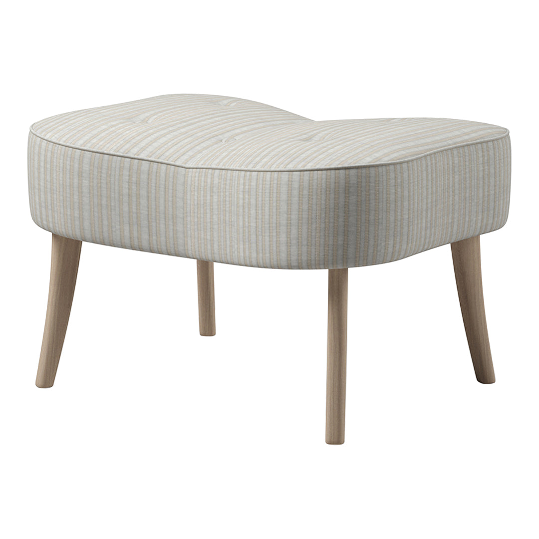 Light blue and beige striped patterned ottoman with wooden legs, featuring a curved design for modern decor.