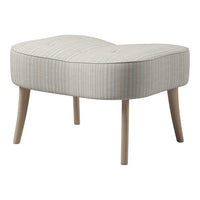Light blue and beige striped patterned ottoman with wooden legs, featuring a curved design for modern decor.