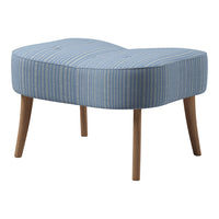 Blue striped ottoman with a unique wave design and light wooden legs. Perfect for modern interior decor.