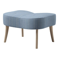 Blue striped upholstered stool with curved design and light wooden legs. Ideal for modern decor.