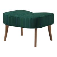 Teal curved ottoman with vertical stripes and natural wood legs. Perfect blend of modern design and comfort.