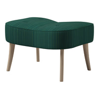 Green striped upholstered ottoman with natural wood legs, featuring a unique, curved design.