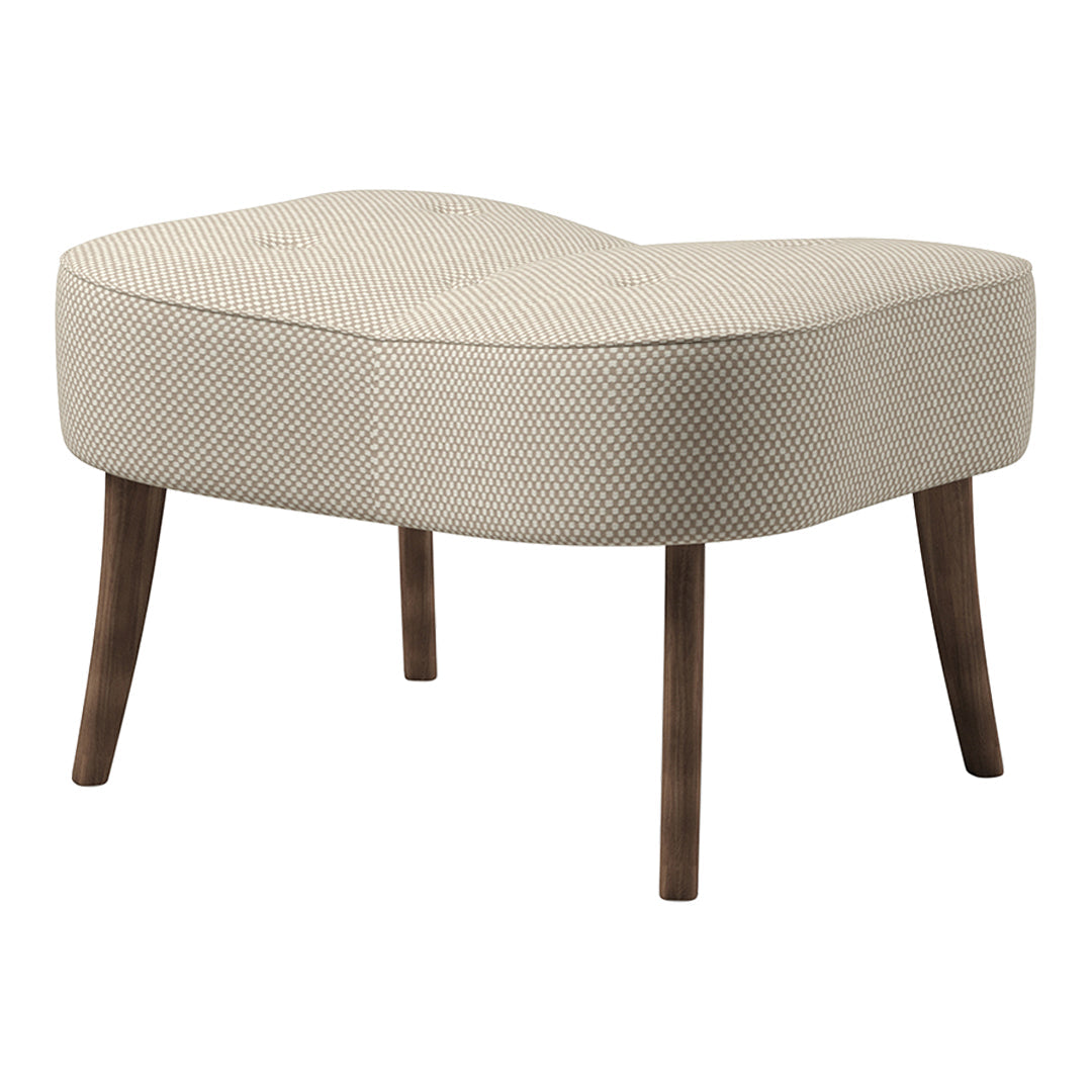 Beige tufted ottoman with a subtle diamond pattern and dark wooden legs, perfect for modern decor.